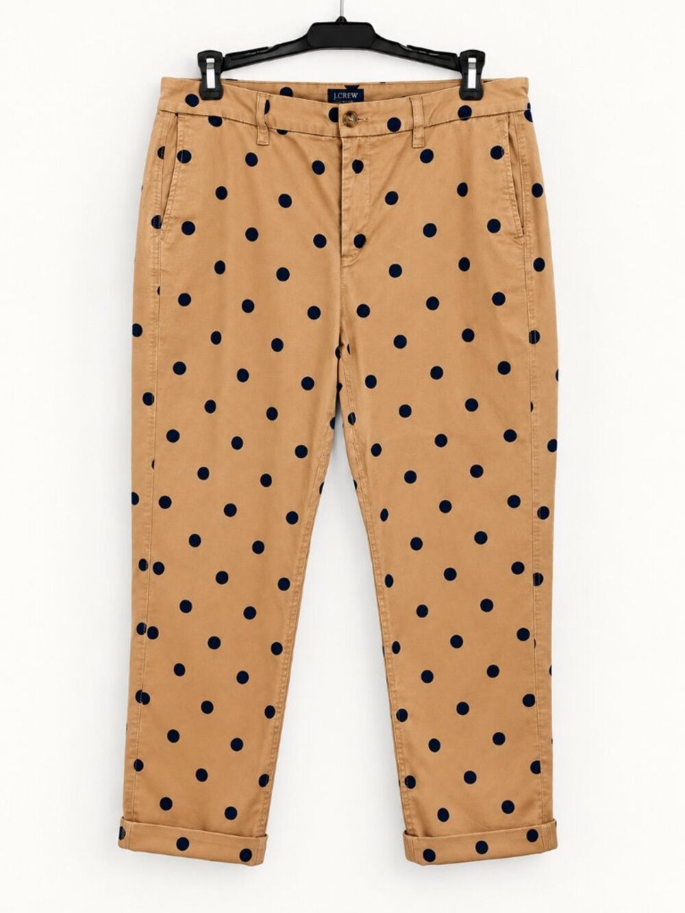 J.Crew High Rise Girlfriend Chino Pants 12 Camel Navy Polka Dot Cropped